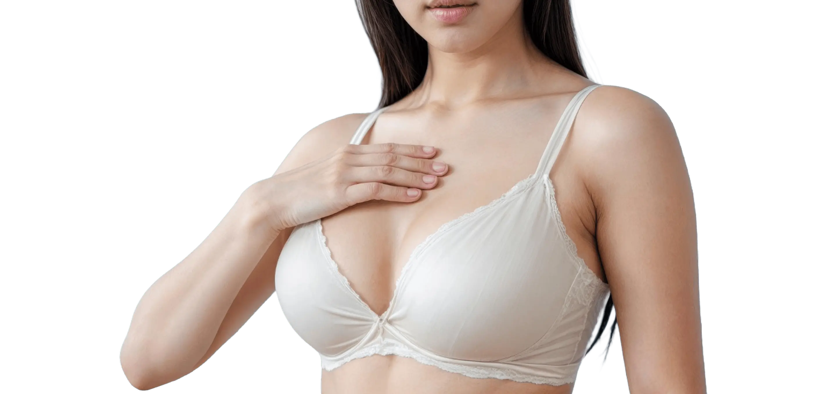 胸に手を当てた女性が未来を見据えている